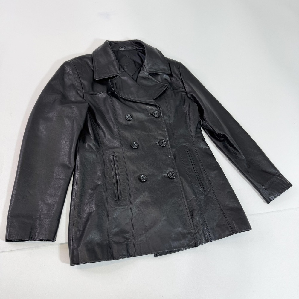 Y2K‎ VTG Jacqueline Ferrar Leather Coat Womens Medium Black Double Breasted